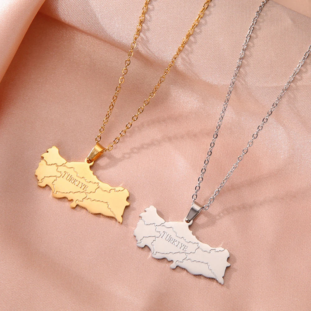 EUEAVAN Trendy Turkey Map Pendant Necklace Stainless Steel Country Ethnic Necklaces for Women Men Turkish Anniversary Jewelry