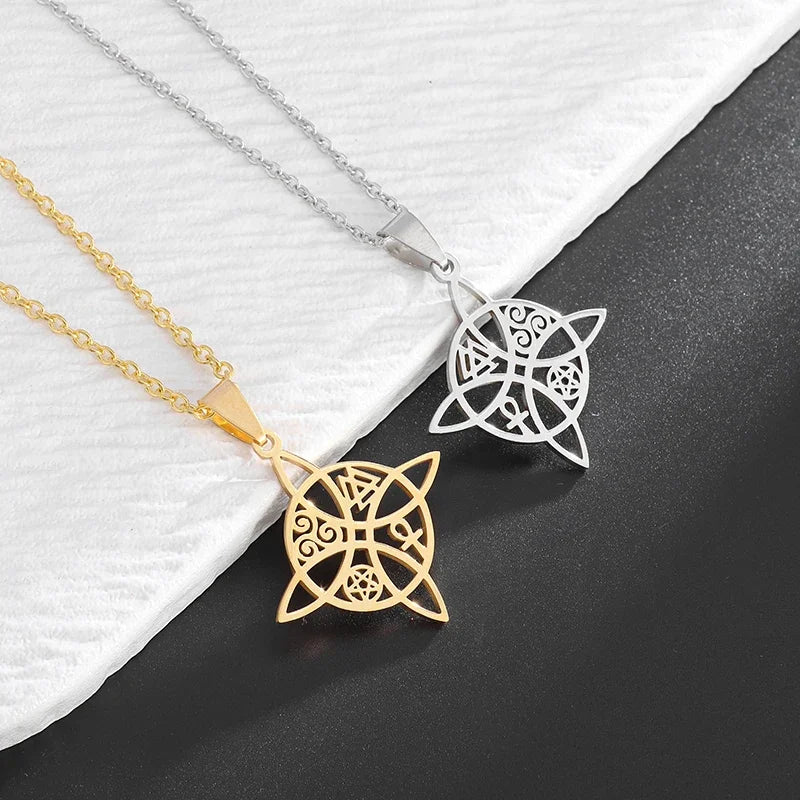 Witch Knot Necklace Celtic Knot Pendant Stainless Steel Amulet Triskelion Ankh Cross Pentagon Jewelry Birthday Gift for Women