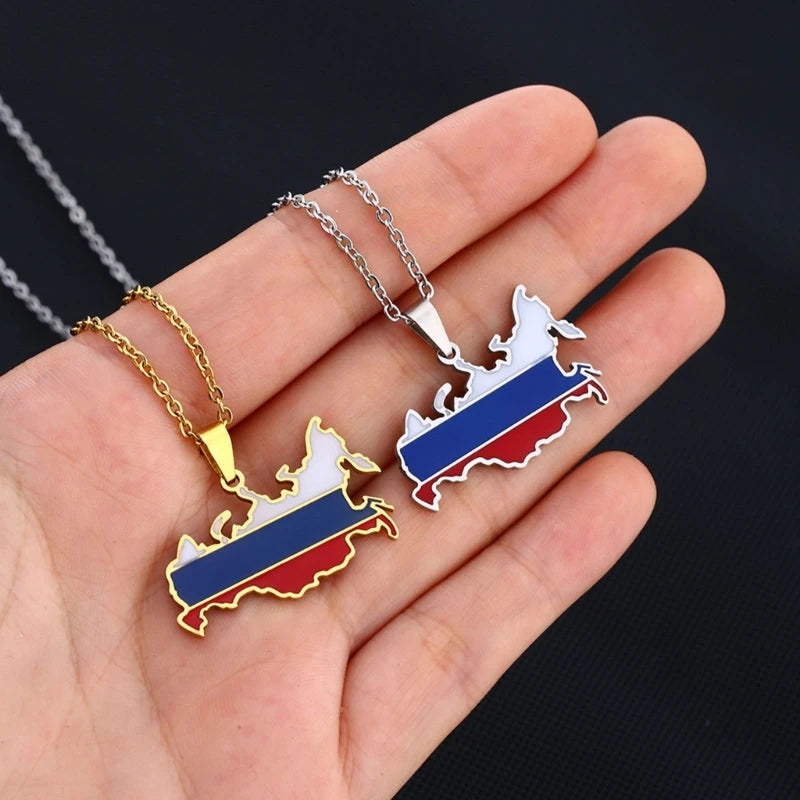 Russia Flag Chain Necklaces National Map Pendant Choker Country Jewelry Stainless Steel Material Gift for Women Men