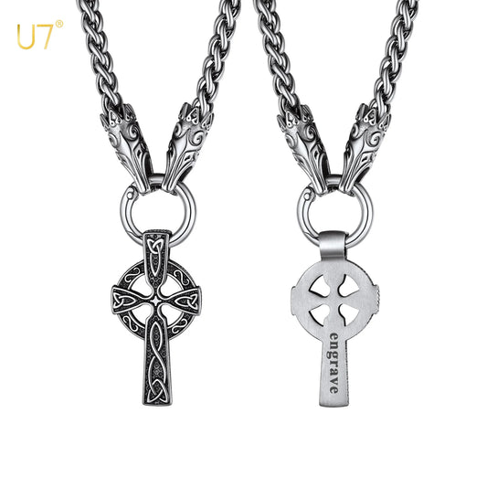 U7 Celtic Cross Necklace for Man Weighty Stainless Steel Double Fenrir Wolf Head 7mm Link Chain Norse Viking Mythology Jewelry