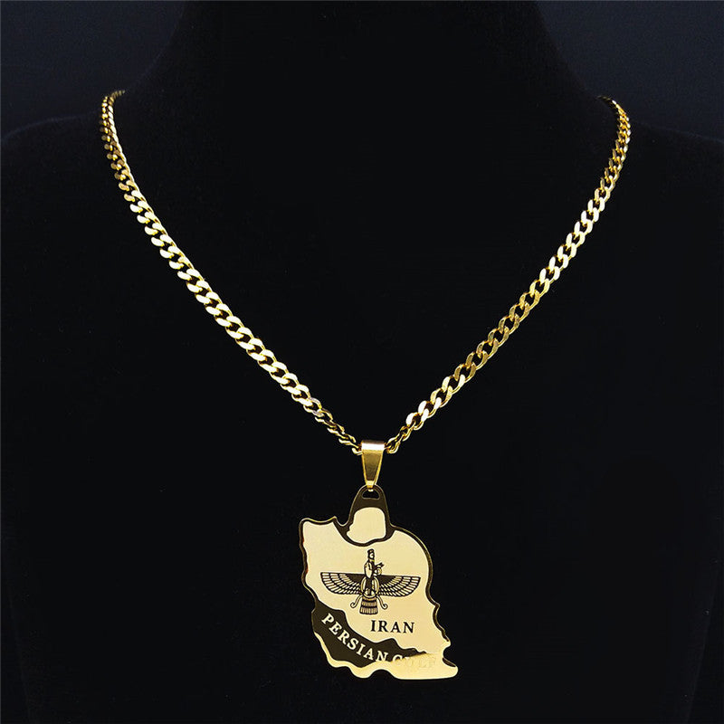 Stainless Steel Iran Map Ahula Mazda Pendant Necklace