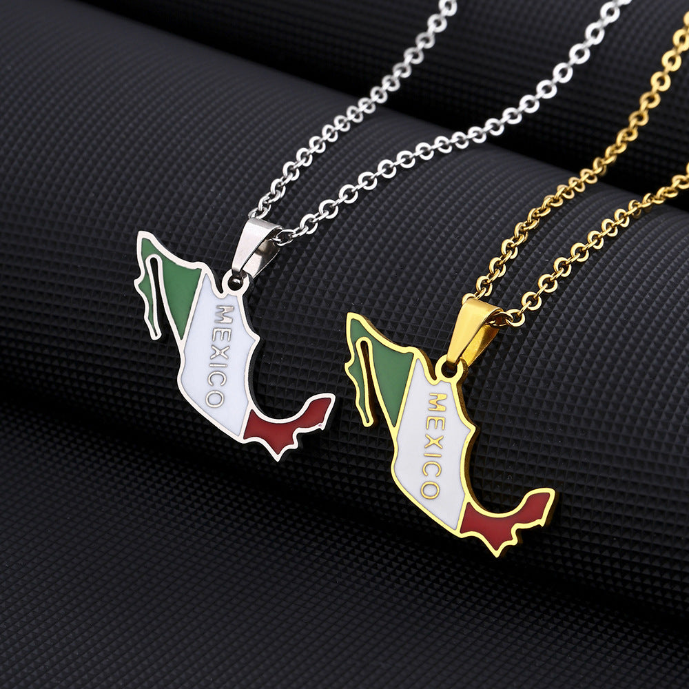 Stainless Steel Mexican Map And Flag Necklace For Men And Women Couple Sweater Chain